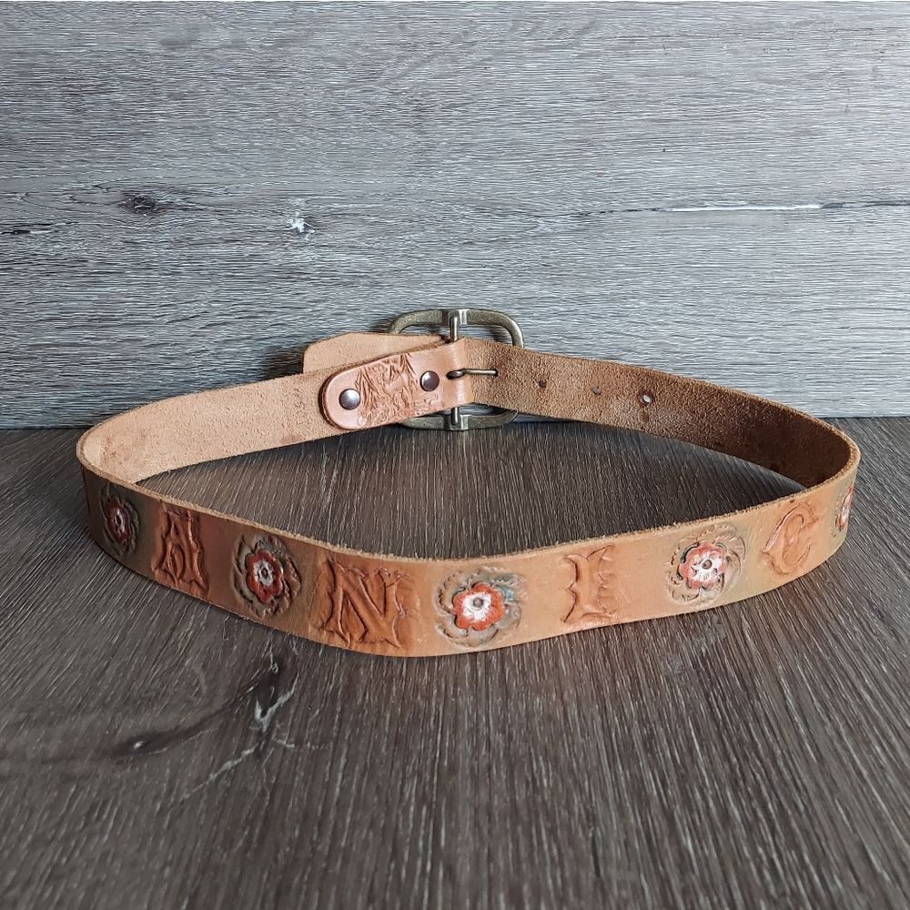 Vintage Tooled Leather Belt Customized "Janice" 34.5" Long